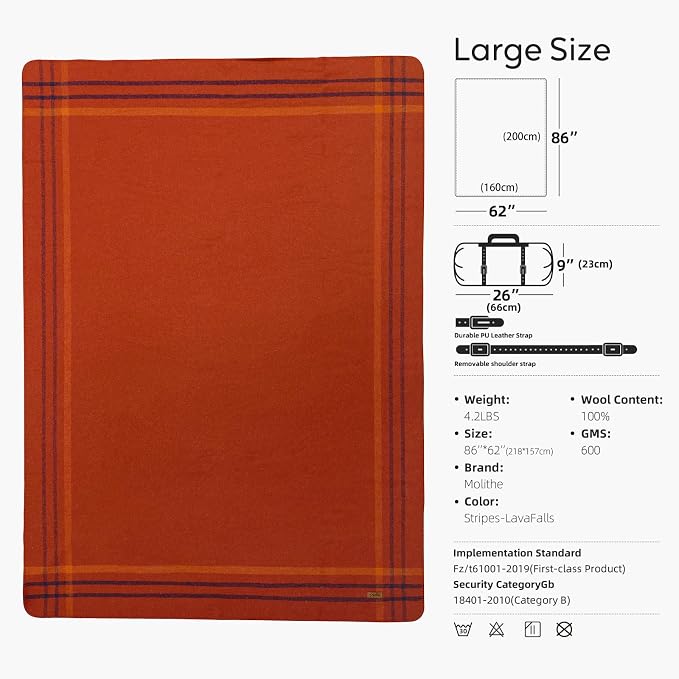 Molithe 100% Wool Blanket, 62" x 86", Warm, Thick, Washable, Military | Great for Camping, Outdoors, Sporting Events, Survival Kits Lava Falls