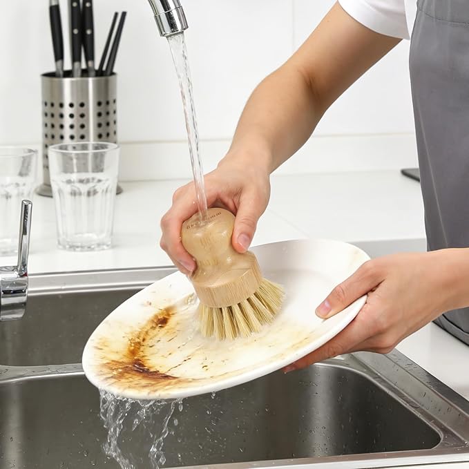 2 Pack Bamboo Dish Brush with Drain Holder - Natural Scrub Brush for Dish with Sisal Bristle, Wooden Dish Scrubber for Kitchen Cleaning Dishes, Pots, Pans and Vegetables