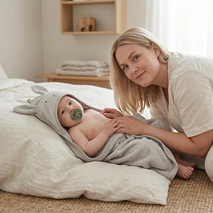 Hooded Baby Towel – 100% Organic Cotton Baby Bath Towels – Baby Boy and Girl Newborn Essentials - Super-Soft and Absorbent. (Rabbit - Pearl Grey)