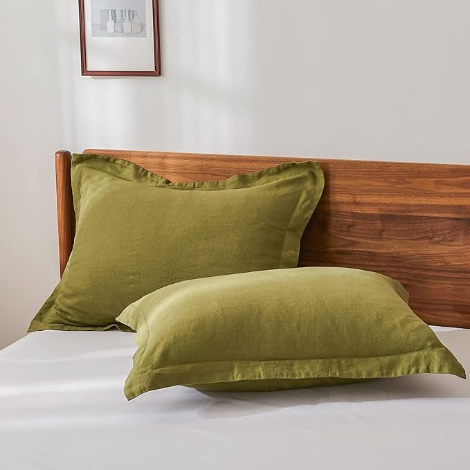100% French Linen Pillow Shams Basic Style - Pack of 2 - Washed Solid Color Natural Flax Soft Breathable - Olive, 20'' x 36''