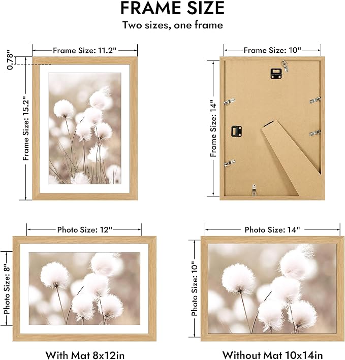 Hongkee 10x14 Oak Wood Picture Frame 1 Pack(Matted 8x12), Real Glass Cover | Natural, 10 x 14 Solid Wood Frame for Wall or Tabletop Display - Includes Easel Back, Vertical Hang - Ideal for Home, Office