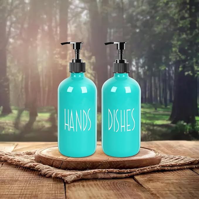 Glass Soap Dispenser with Plastic Pump for Kitchen - 16 OZ Glass Hand, Dish Soap Dispenser Set - Kitchen, Bathroom Decor and Accessories (Teal)