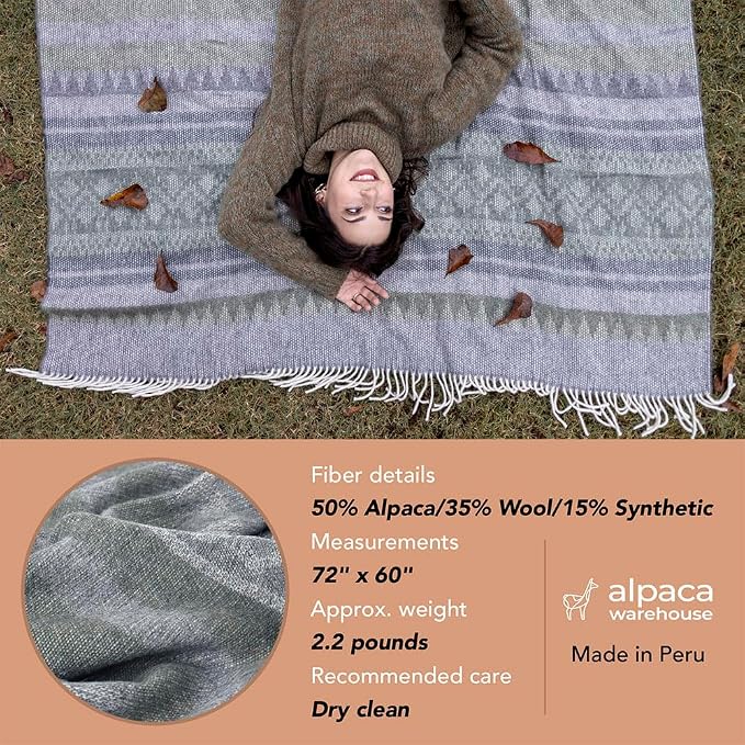 Alpaca Wool Blanket Throw Cherokee Design for Bed Couch Sofa Soft Warm Peruvian Alpaca Wool Blankets 72" x 60" (Gray/Charcoal Gray/Lapis Blue/Beige)