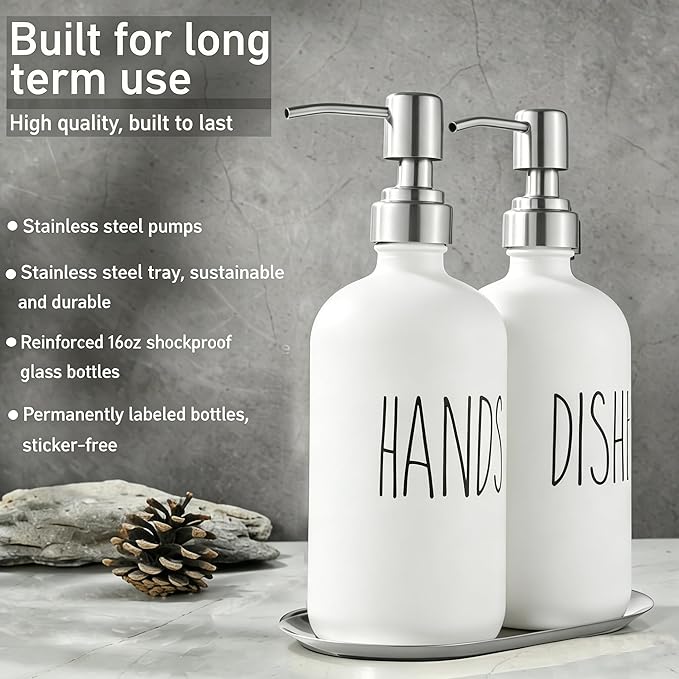 White Soap Dispenser Set, Glass Soap Dispenser with Stainless Steel Pump & Tray, Farmhouse Hand Soap Dispenser & Dish Soap Dispenser for Bathroom Kitchen Sink(2 White)