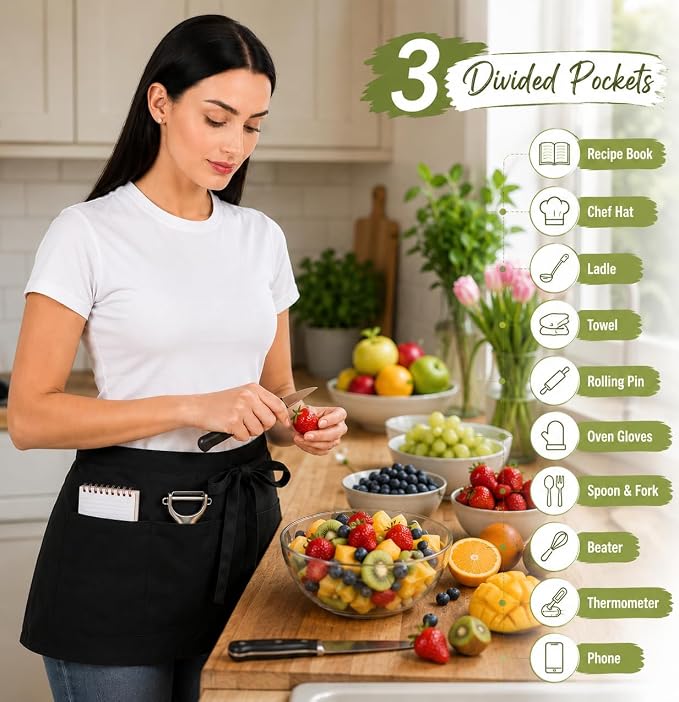 Waist Apron with 3 Pockets Waterdrop Resistant Premium Cotton Waitress Apron 10 Color Option Server Apron Chef Apron (BLACK, PACK OF 1)