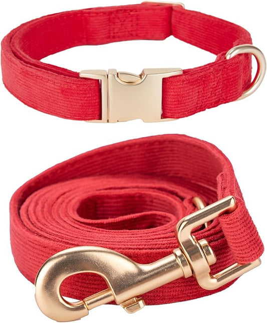 Soft Corduroy Dog Collar and Leash Set Adjustable Durable Dog Collars with Metal Buckle and Lead for Small Dogs,Red