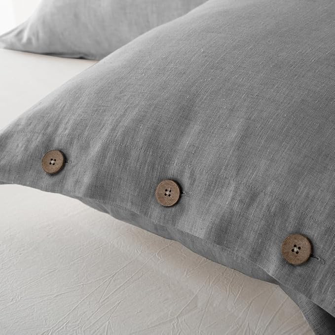 EVERLY 100% Linen Pillowcases Set of 2, French Linen from Normandy, 20X26Inch Standard Size, Natural Color, Coconut Buttons Closure, Flax Pillowshams-Pillowcase-Gray