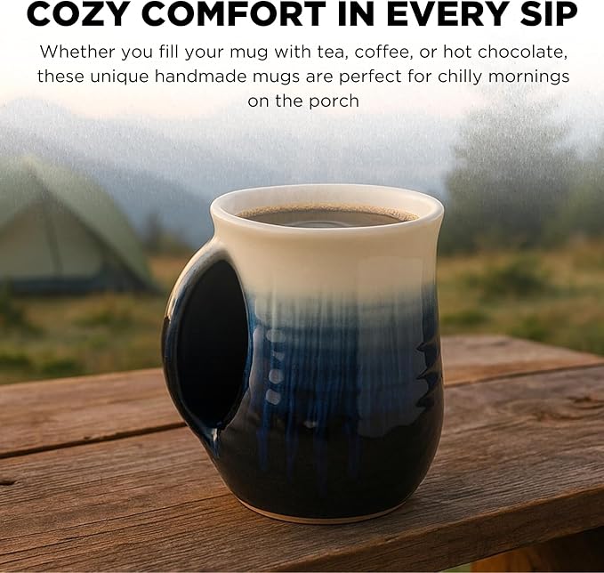 Hand Warmer Mug, Ceramic and Hand Painted - Contoured Pocket will Hold Warmth From The Heat Of Your Drink To Keep Your Fingers Warm, Comfy Handwarmer Gift, Winter Stocking Stuffer Gifts - Left Handed