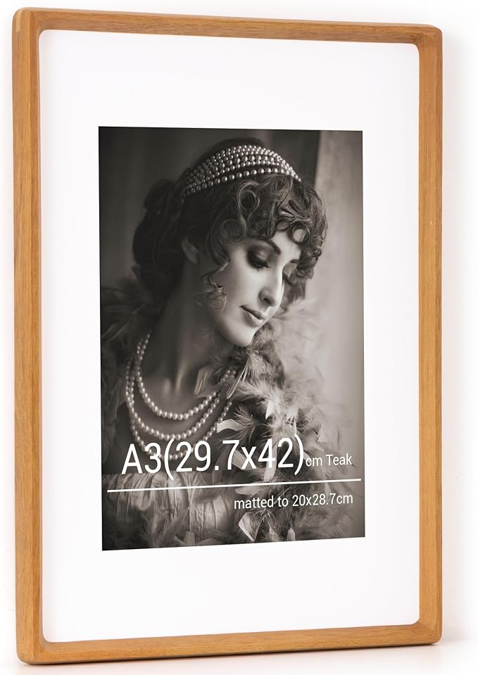 A3 Picture Frame, USA-Sourced Teak Wood Photo Frames with HD Tempered Glass, Handcrafted Rounded Corner A3 Wooden Frame Matted to A4 Photos, Tabletop or Wall Display