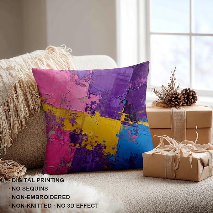 Shrahala Pink Art Watercolor Decorative Throw Pillow Cover, Purple Abstract Fuchsia Square Pillowcase Blended Double-Sided No Inserts for Bedroom Living Room Set of 2 (22 X 22 in)