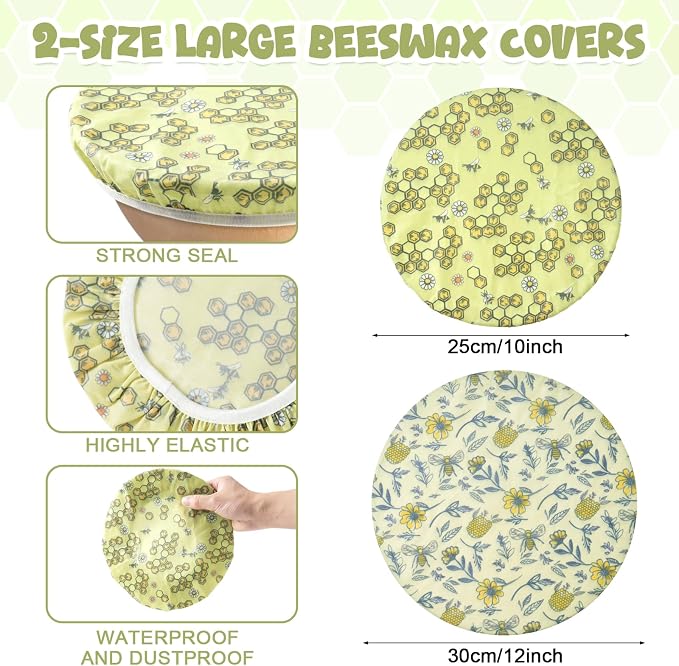 2-Pack Reusable Beeswax Bowl Covers with Bee Pattern, 10/12 Inch Elastic Cotton Food Storage Covers for Bread Proofing, Sourdough Dough & Kitchen Containers