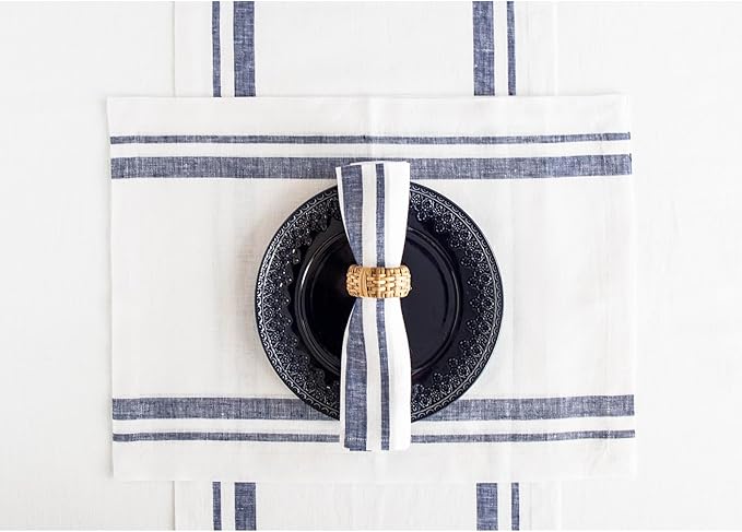 Solino Home Linen Placemats Set of 4 - French Stripe Navy and White Placemats 14 x 19 Inch - 100% Pure Linen Table Mats for Summer, 4th of July