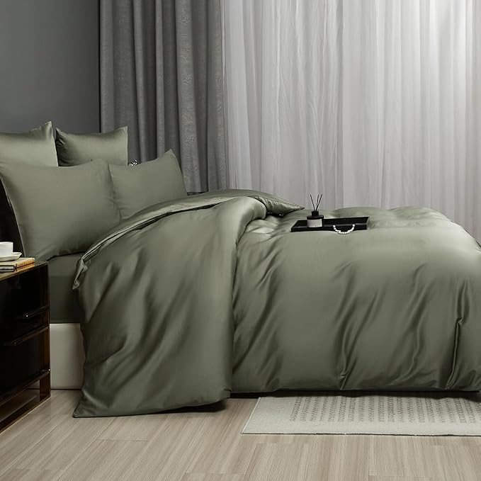 Dusty Green Cotton Duvet Cover Set Twin 100% Long-Staple Cotton Sateen Bedding Set, Soft Breathable Smooth Organic Pure Cotton Plain Comforter Cover, Luxury Minimalist Bedroom Decor for All Season