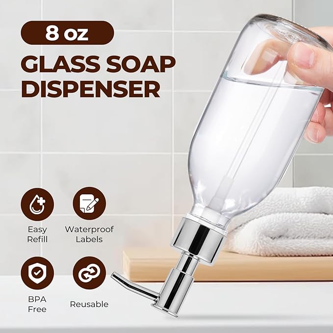 8 oz Clear Glass Pump Bottle, 250ml Small Lotion Dispenser Bottle for Body Massage Oil, Refillable Empty Hand and Dish Soap Dispensers Set with Plastic Silver Pump, Labels - 2 Pack