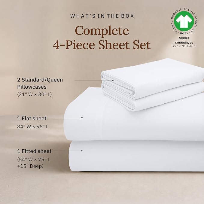 California Design Den Full Size Bed Sheets Set - 100% Organic Cotton, Soft and Lightweight Sateen, Deep Pocket Organic Sheets, Durable Bedding - White