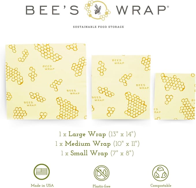 Bee's Wrap Beeswax Wraps for Food - 3 Pack of Assorted Beeswax Wraps - Small, Medium & Large Wrap - Plastic Free Made in USA Reusable Natural Food Wrap - Honeycomb Print