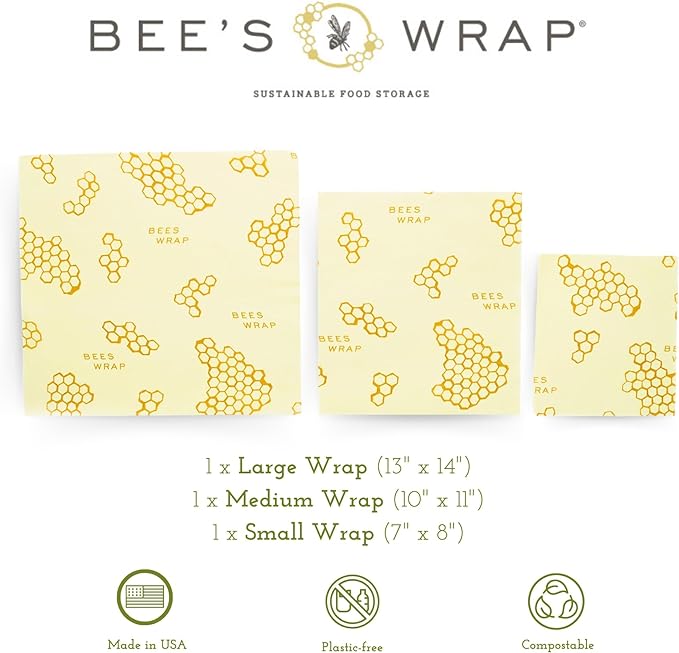 Bee's Wrap Plastic-Free Transition Kit - Beeswax Food Wraps Bundle Includes Cut to Size Honeycomb Roll, 3 Bakery Lane Prints & 3 Honeycomb Prints - Made in the USA Beeswax Reusable Wraps for Food