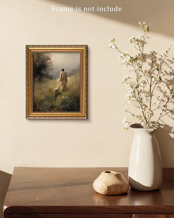 Vodefoad Vintage Wall Art Dector Jesus Leaves The 99 Christian Good Shepherd Artwork Lost Sheep Parable Boho Christian Landscape Oil Painting Bible Verse Canvas for Home Bedroom Holiday Dector - 8x10Inch Unframe