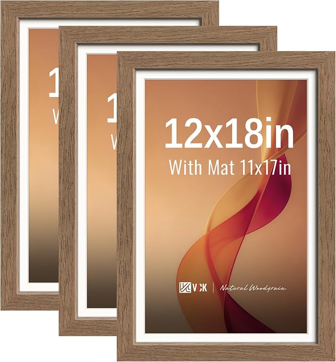 VCK 12x18 Picture Frames Walnut 3 Pack, Wide Border Wood, Tempered Glass, Display 11x17 Poster Photo with Mat or 12 x 18 Without, for Home, Office, Gallery, Woodgrain Series, Wall Hanging