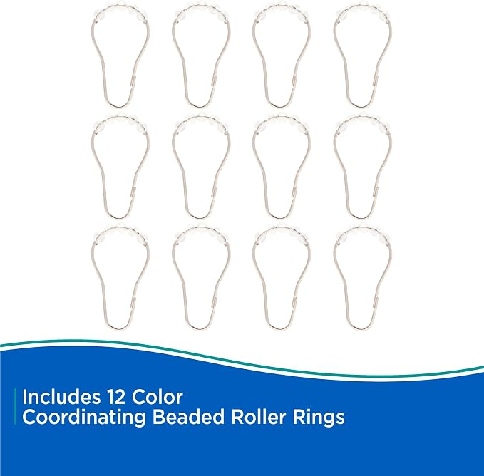 Kenney KN61708 Medium Weight 5 Gauge Waterproof PEVA Shower Curtain Liner with Durable Eyelet Hang Holes, Weighted Magnetic Hem, and 12 Piece Beaded Roller Ring Set for Bathroom, 70" W x 72" H, Clear