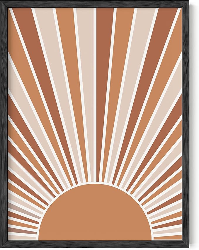 Boho Rising Sun Wall Art Sunburst Rays Earth Tones Terracotta Mid Century Modern 12x16 Inch Oak Wood Black Framed Minimalist Landscape Sunshine Print for Nursery Decor