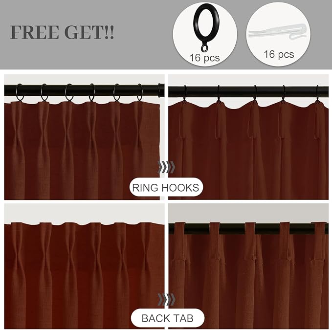 IVAPUPU 90 Inch Linen Blend Curtains 2 Panel Set for Living Room, Pinch Pleated Curtains Semi Sheer Light Filtering Modern Window Drapes with Hooks Rings for Bedroom Dining Room, 40W, Chestnut Brown