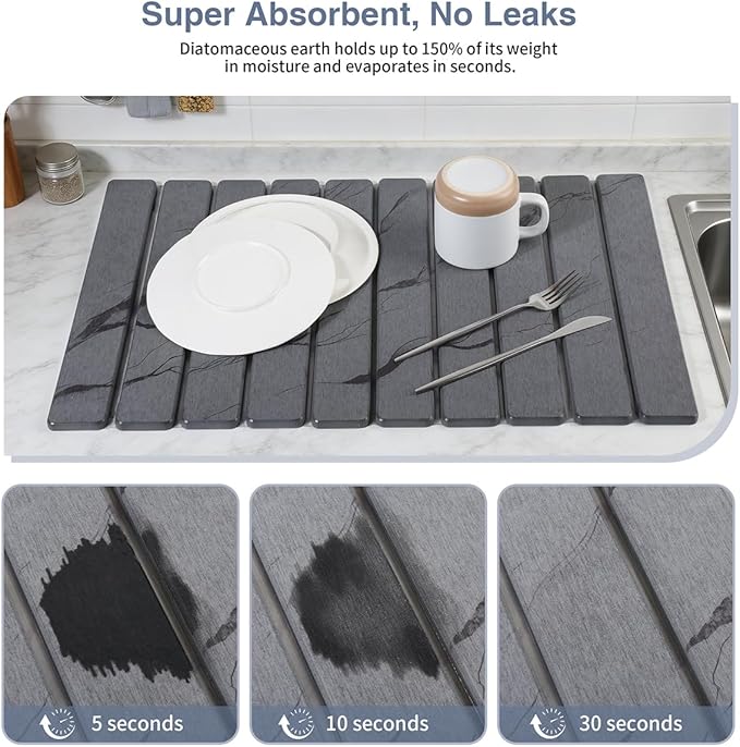 Natural Diatomaceous Earth Dish Drying Mat, Large 24"x16" Stone Kitchen Mats | Ultra Fast-Absorbing, Foldable & Eco-Friendly Dishes Drying Pad for Countertop, Cups, Utensils (Blue & Grey)
