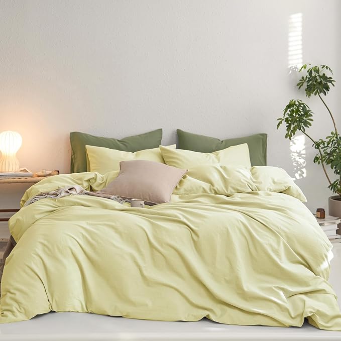 MooMee King Duvet Cover Set, 100% Washed Cotton Linen Like Twill Thick Sturdy Material Super Soft Breathable Durable Bedding for All Season, 3 Pieces (Pale Yellow, King 104"x90")