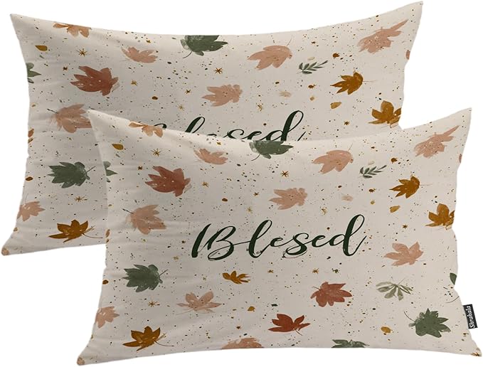 Shrahala Blessed Autumn Leaves Decorative Throw Pillow Cover, Cozy Autumn Leaf Pattern Lumbar Pillowcase Blended Double-Sided No Inserts for Bedroom Living Room Set of 2 (12 x 20 in)