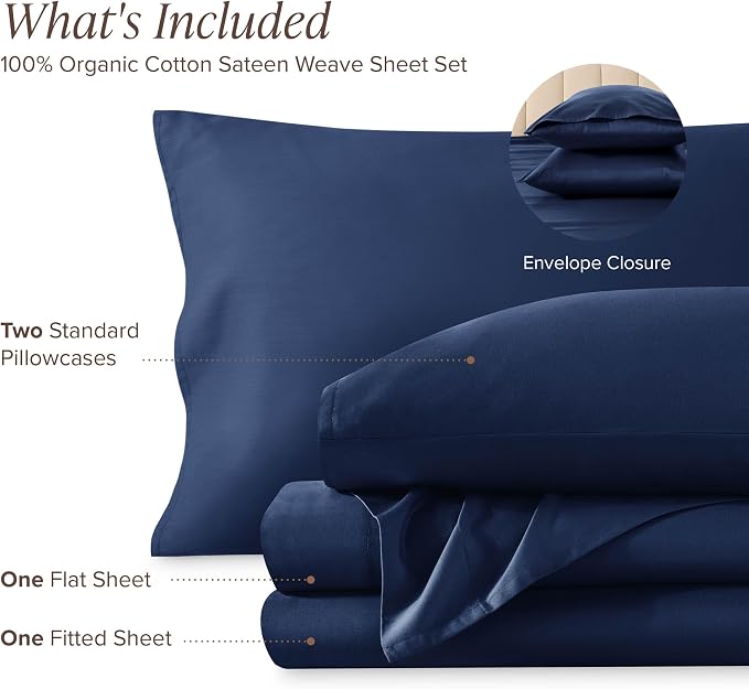 Bare Home 100% Organic Cotton Queen Sheet Set - 400 Thread Count - Smooth Sateen Weave - Breathable & Cooling - Hotel Luxury Set - Deep Pocket Bed Sheets (Queen, Dark Blue)