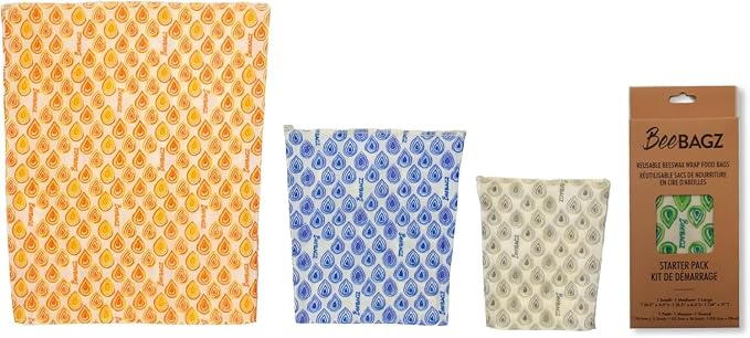 BeeBAGZ - Beeswax Wrap Storage Bag, Reusable Food Storage Bags, Pack of 3, Plastic Free Biodegradable Food Wrap Alternative, Starter Pack, 1 Small + 1 Medium + 1 Large, (Multicolors)