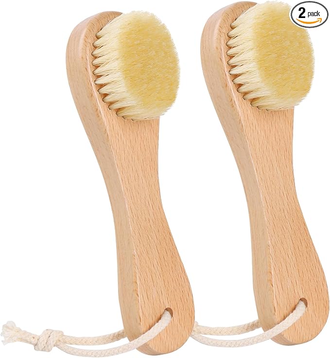 DEBETOOL Wooden Face Dry Brush with Natural Boar Bristle 2-Pack Exfoliating Facial Dry Brush with Hanging Rope - Gentle for Face & Body Cleaning