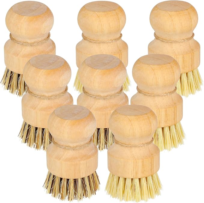 8 Packs Bamboo Dish Scrub Brushes Natural Palm Wooden Scrubbers Set Kitchen Dishwashing Scrubber with Natural Sisal Bristles for Iron Pot Pan Sink (Round)