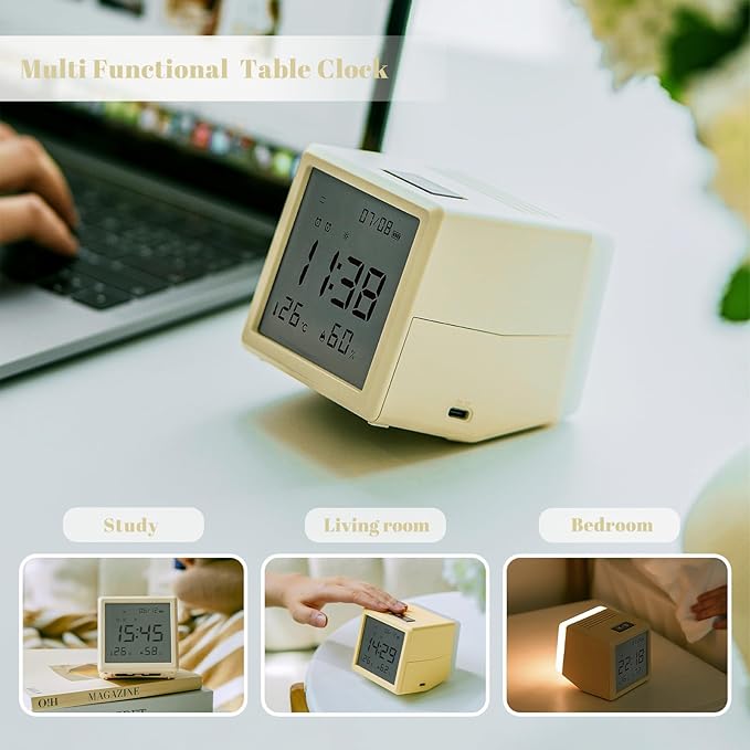JUSTUP Digital Alarm Clock, Square Silent Alarm Clock with Night Light, Loud Alarm Clock for Heavy Sleepers with Date Temperature Display, Modern Decor Desk Clock Bedroom Office Room (White)