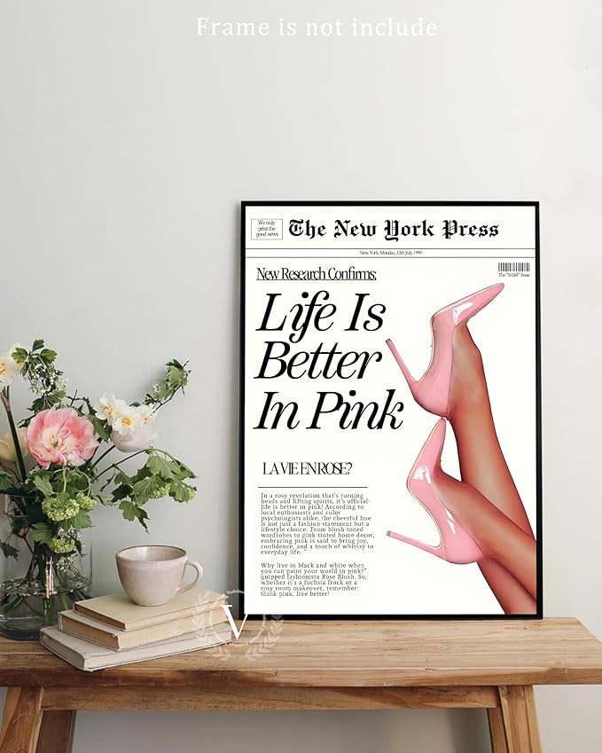 Vodefoad Trendy Newspaper Wall Art Prints Life Is Better In Pink Poster Pink Prints For Room Disco Poster for Teen Girly Bedroom Apartment, Bar Cart decor -8x10 Unframed