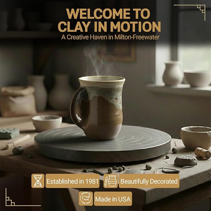 Clay in Motion Hand Warmer Coffee Mug – Handmade Coffee Mug With Comfortable Handle Contoured Pocket Hand Warming Ceramic Coffee Mug – Proudly Made in USA – Left Handed – 14 Oz - Desert Sand