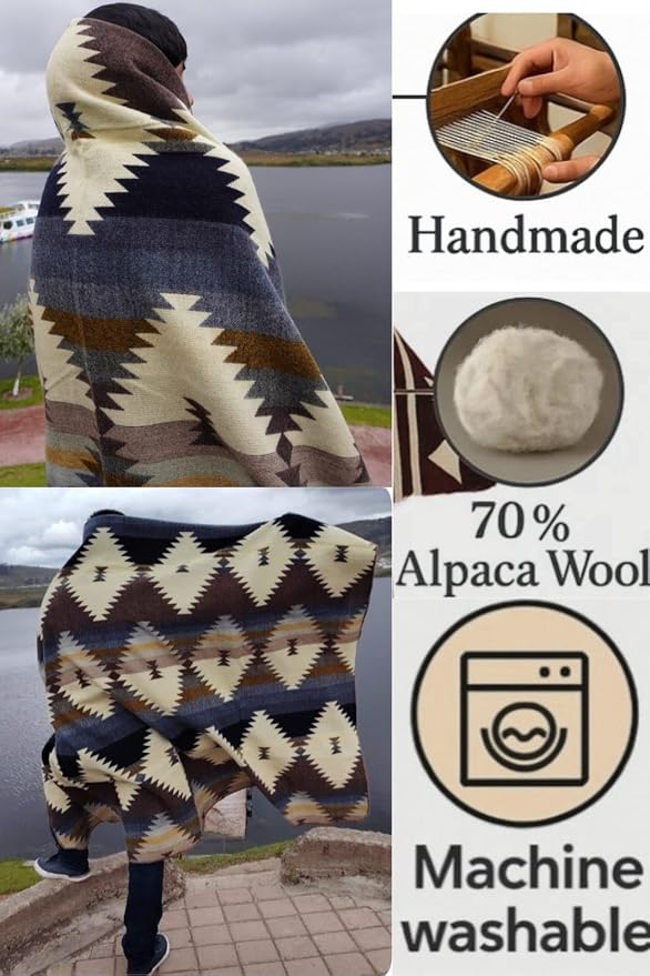 Alpaca Wool Blanket, King Size 100 x 83, Reversible 2 in 1, Thick and Ultra Soft, Hypoallergenic, Non-Itchy, Handmade in Ecuador. Premium Alpaca Wool Thtow Blanket for Cozy Comfort.(Blue and Brown)