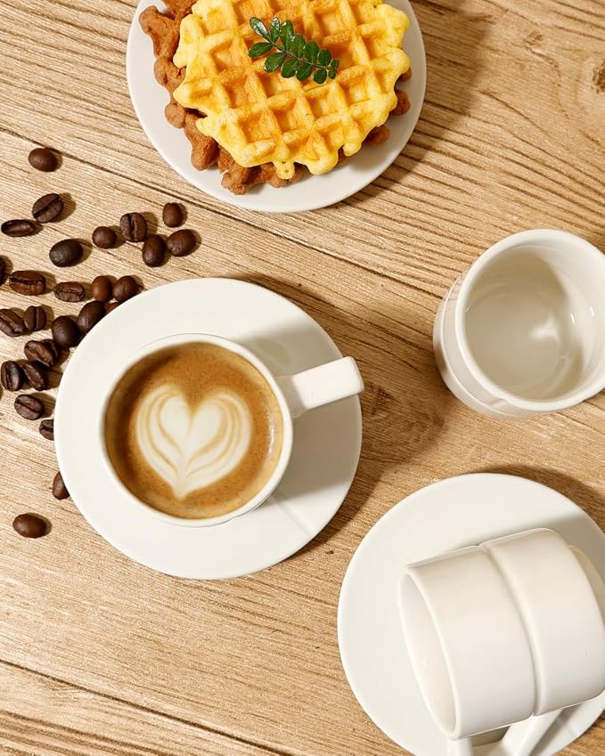 Ceramic Coffee Mugs Set of 4, Coffee Cups with Saucers, Cappuccino Cups with Saucers, Porcelain Cups, Coffee Cups for Tea, Latte, Espresso (Ivory-Geometric)