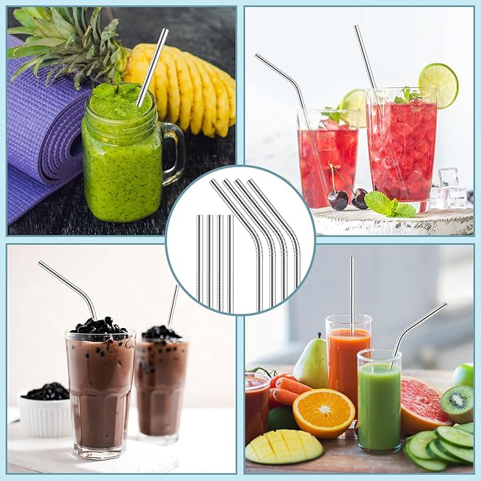 66 Pack of metal straws reusable,30 Straight+30 Bent 8.5 Inch Stainless Steel Straws,6 Cleaning Brushes Included, Perfectly Compatible with 20oz Cup Tumblers