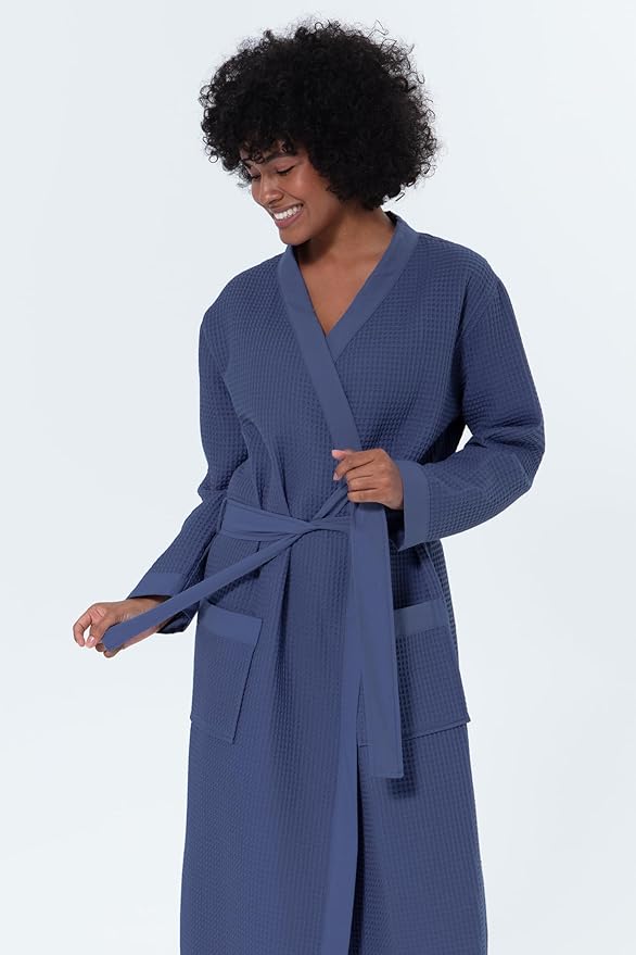 SEYANTE Women's Organic Cotton Waffle Kimono, Hooded Robe – GOTS Certified Lightweight Full-Length Spa Bathrobe with Piping
