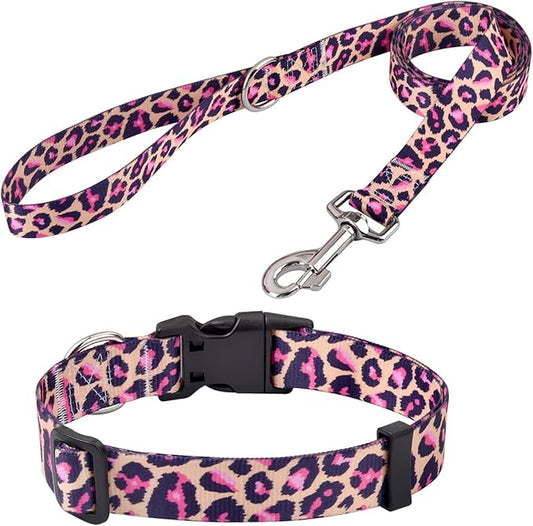 Mihqy Dog Collar and Leash Set with Bohemia Floral Tribal Geometric Patterns - Soft Ethnic Style Collar Adjustable for Small Medium Large Dogs(Pink Leopard Set,M)