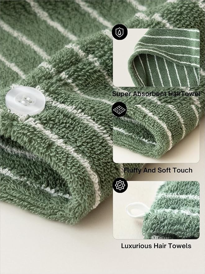 WENSHUO Frosted Pines-Striped Hair Towel Wrap-Drying Tool,100% Combed Cotton,Luxury Hair Dry Towels,Super Absorbent with Button Fasten(Pack of 1)