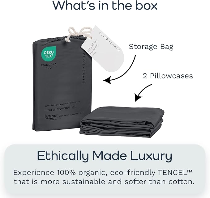 Olive + Crate Eucalyptus Cooling Pillowcases Queen Size | Certified Tencel Lyocell Fiber | Cool Vegan Silk Static Free for Skin and Hair | Softer Than Cotton and Linen | Charcoal