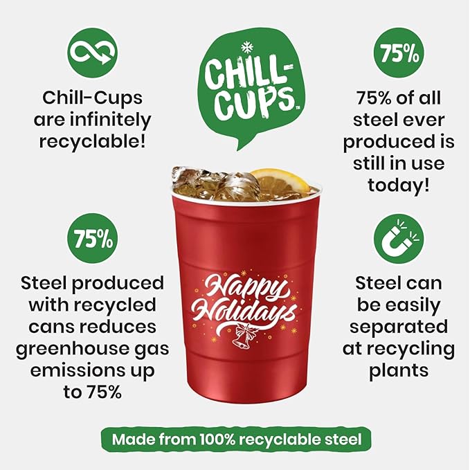 Steel Chill Cups 16 oz. Party Cups 'Happy Holidays' Christmas Tree Design for Cold Drinks, Durable, Disposable, Recyclable, Made in USA, Red, 12 Count