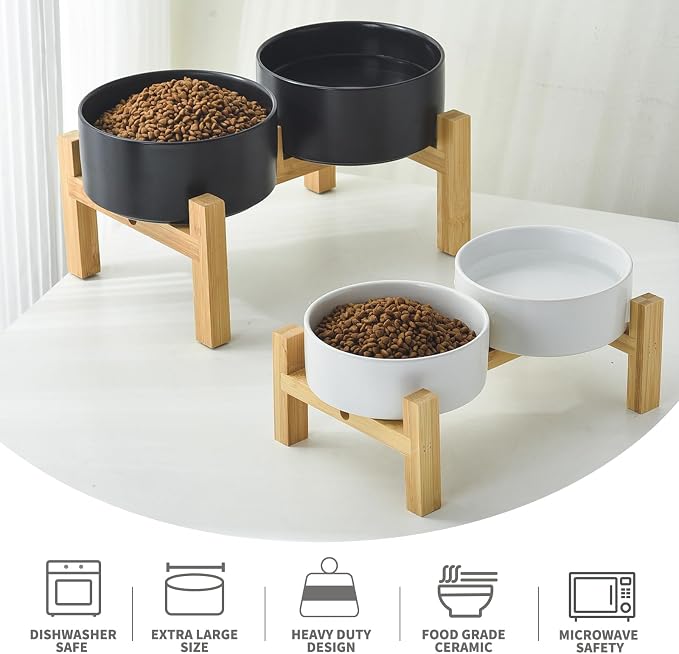 Elevated Ceramic Dog Bowl Set - Raised Dog Bowls with Non Slip Bamboo Stand, Food and Water Bowl Set for Kitty, Cats and Toy Breed Dogs, Pet Bowls, Weighted Dogs Dishes (5.1'', 2*16OZ, White)