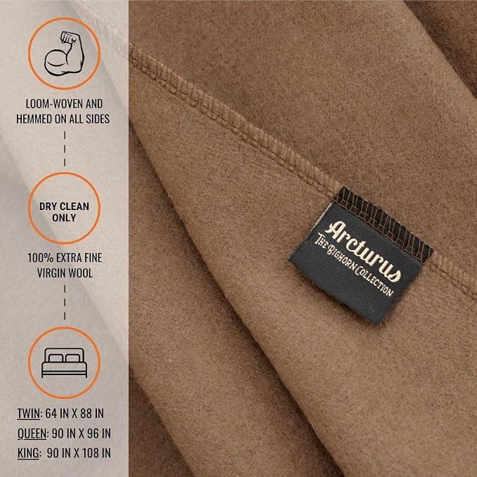 Arcturus Bighorn 100% Virgin Wool Blanket | Heirloom-Quality Wool Bedding for Home & Cabin | Warm, Thick & Durable | Twin, Queen & King Sizes (Mocha, King)
