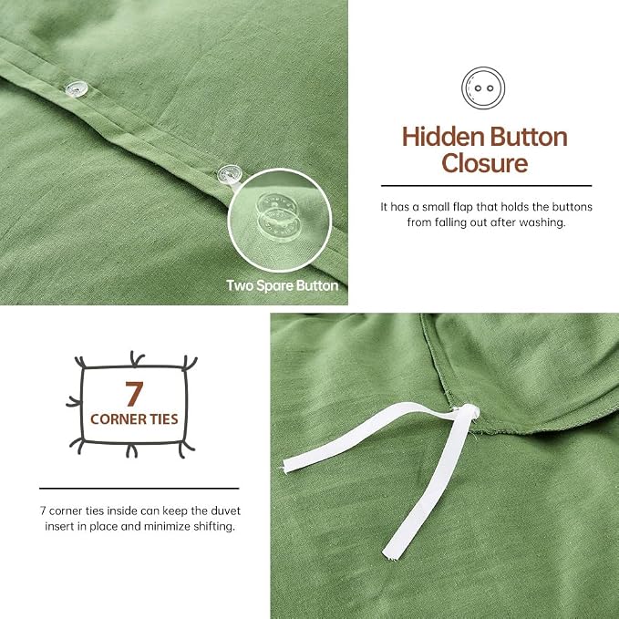 Simple&Opulence French Linen Duvet Cover Set- 104"x 92" - 3 Pieces (1 Comforter Cover,2 Pillowcases)-Natural Flax Cotton Blend-Solid Color Breathable Farmhouse Bedding - Khaki Green, King