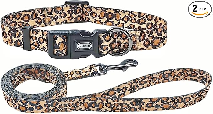 Dog Collar Leash Set, Leopard Pattern, Polyester Material, Adjustable Collar and 5ft Matching Leash, for Medium Dogs.(M, Brown Leopard)