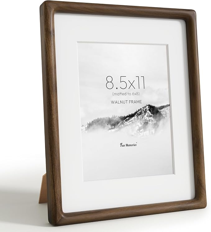8.5x11 Picture Frame, USA-Sourced Walnut Wood Picture Frame, 8.5x11 Certificate Frame with High Tempered Glass, 8.5 by 11 Diploma Frame Matted to 6x8 Photo for Wall & Tabletop Display, 1 Pack