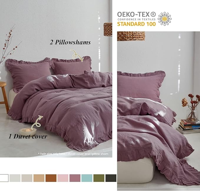 Simple&Opulence 100% Linen Duvet Cover Set, 3 PCS Natural French Flax Purple Ruffle Duvet Cover Queen Size, Breathable Comfy Linen Bedding Comforter Cover with 2 Pillowcases (Purple, 88" X 92")